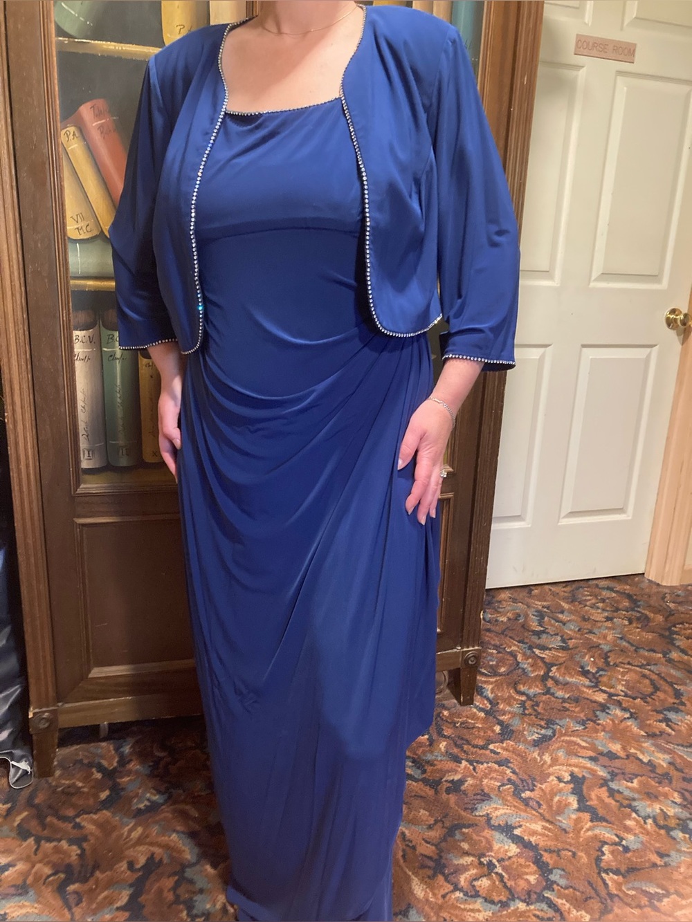 Elegant Navy Blue Evening Dress with Beaded Bolero sz 16